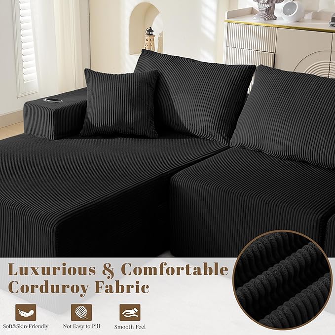 107" Cloud Sectional Couch, Modular Sectional Sofa with L-Shape Chaise, Corduroy Boneless Couch with Deep Seat, Upholstered Sofa for Living Room, No Assembly Required(Left-Facing Chaise, Black)