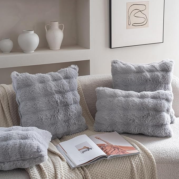 Neelvin Gray Faux Fur Cozy Soft Double-Sided Decorative Throw Pillow Covers 16x16 inch Set of 2,Velvet Pillowcase Cushion Case for Sofa Couch