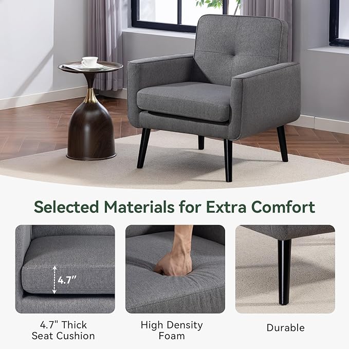 Mid Century Accent Chair, Fabric Modern Chair with Wooden Frame, Cozy Armchair Reading Chair with Comfy Back for Apartment, Living Room, Bedroom, Waiting Room, Small Space, Corner, Grey