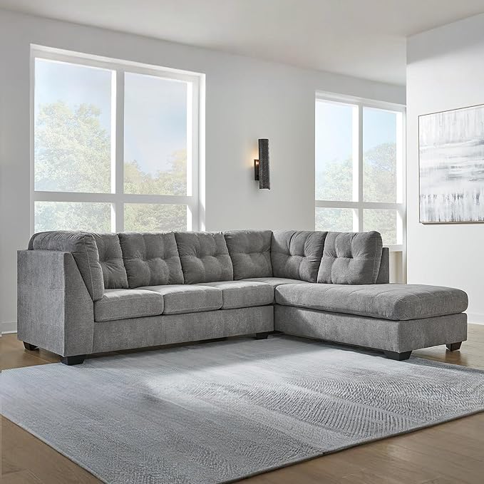 Signature Design by Ashley Marleton Contemporary Right-Arm Facing Tufted 2-Piece Sectional with Chaise and Loose Seat Cushions, Light Gray