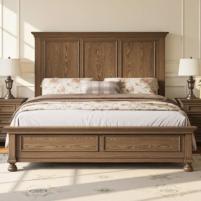 AMERLIFE Solid Wood Queen Bed Frame with 65.2" High Headboard, Traditional Platform Bed with Heavy Duty Slats, No Box Spring Needed, Easy Assembly, Light Brown