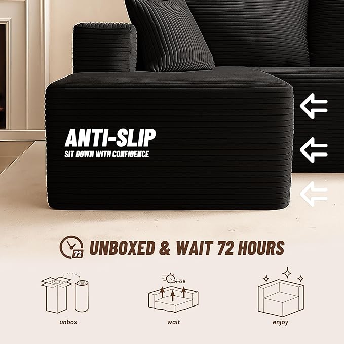 138" Modular Sofa Memory Foam Sectional Couches for Living Room, Sleeper Sofa Bed, Corduroy, Black