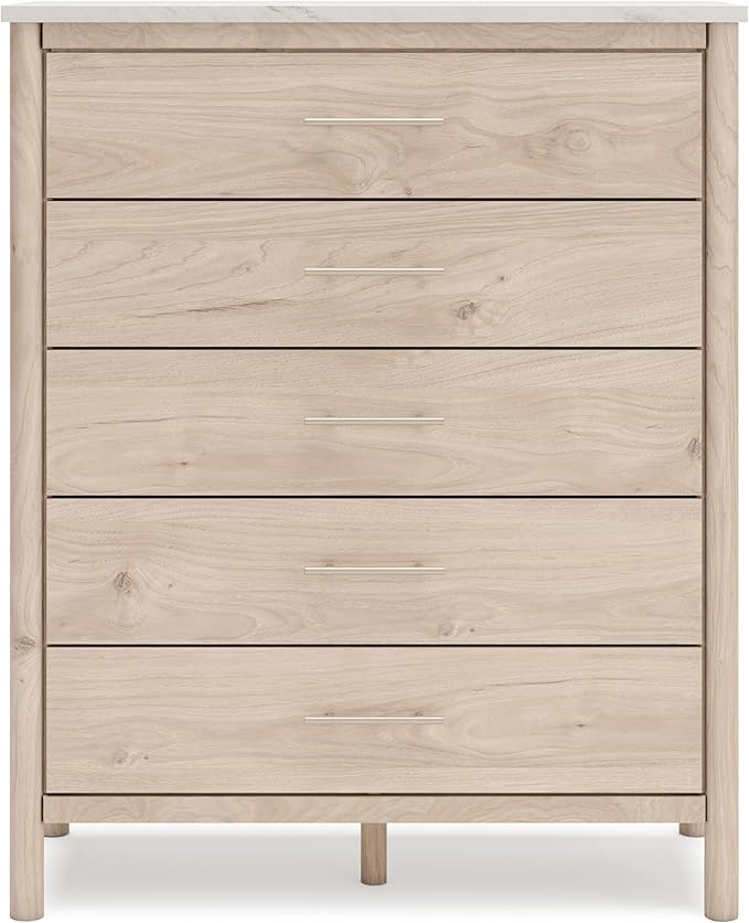 Signature Design by Ashley Cadmori Bohemian 5-Drawer Chest of Drawers with Safety Stop and Post Legs, White & Light Brown