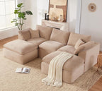 112" Cloud Sectional Couch, Boneless Couches for Living Room, U Shaped Couch with Convertible Ottoman, Modular Sectional Sofa with Deep Seat, Comfy Soft Cushions, No Assembly, Camel