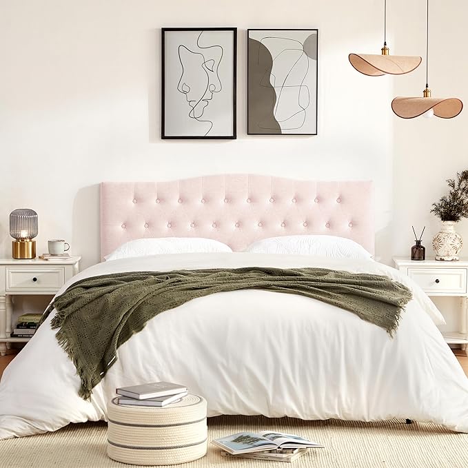 Tufted Upholstered Headboard King Size, Sturdy and Durable Solid Wood Bed headboard, Fabric Headboard Adjustable Height from 37” to 51”, Modern Button Diamond Design Head Board, Pink