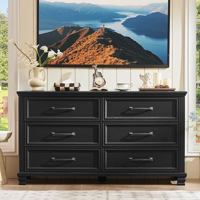 Farmhouse Bedroom Dresser and Nightstand Set of 4, 6 Drawer Low & 5 Drawers Dresser & 2 Drawer Nightstand Set, Rustic Wood Bedroom Furniture Set for Livingroom, Hallway, Black
