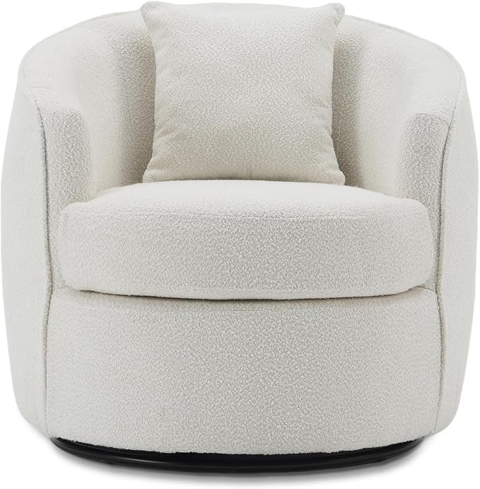 Swivel Accent Chair, Modern Upholstered Boucle Barrel Arm Chairs with Pillow for Living Room, 360 Degree Round Swivel Sherpa Armchair with Round Base for Bedroom Club (1, Cream)