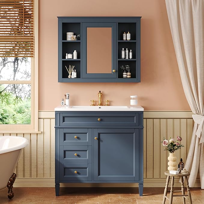 Bathroom Wall Cabinet with Mirror, 35'' x 27.5'' Medicine Cabinet with Mirror Door and Adjustable Shelves, Over Toilet Storage Cabinet, Wall-Mounted Bathroom Mirrors for Over Sink with Storage