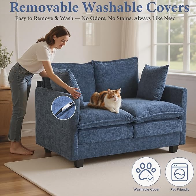 50" Loveseat Sofa Small Cloud Couch | Mini Chenille Love Seat Couches with 2 Pillows | 27.16" Deep Seat for Small Spaces Bedroom Dorm Apartment | Blue