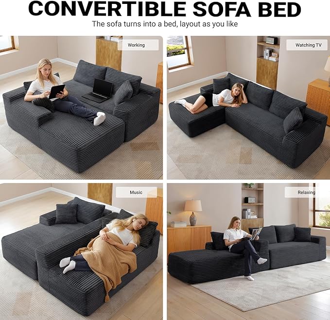 95 Inch Cloud Sectional Couch,Modular Sectional Sofa with Deep Seat,Modern Corduroy Boneless Couches with L-Shape Chaise for Living Room Bedroom,No Assembly Required (Black, Left Facing Chaise)