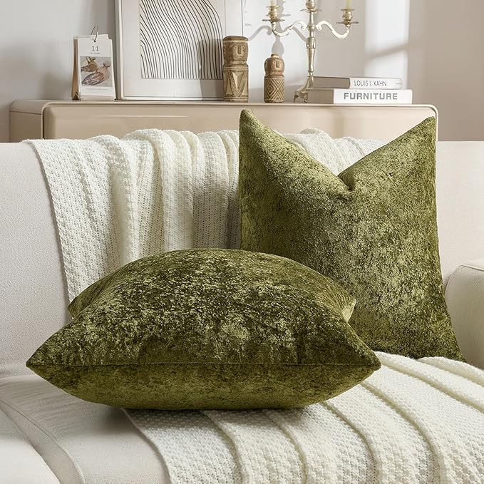 FUTEI Moss Green Flannel Throw Pillow Covers 26x26 Inch Set of 2,Soft Dimensional Textured Euro Pillow Shams,Modern Home Decor for Couch Living Room