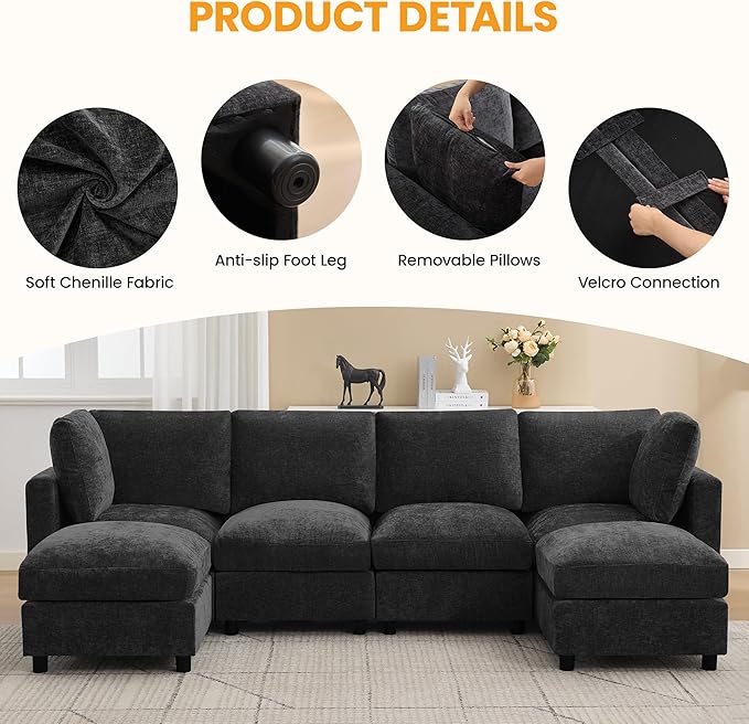 4-Seater Modular Sectional Cloud Sofa with 2 Ottomans, U-Shaped Couch for Living Room, Modern Deep Seat Sofa with Soft Back Cushions, Chenille Dark Grey