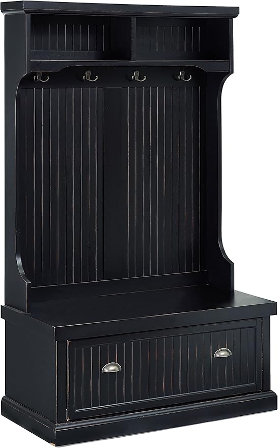 Crosley Furniture Seaside Hall Tree with Shoe Rack Bench and Coat Hooks for Hanging Storage, Distressed Black