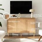 Rattan Storage Cabinet with 3 Doors, Boho Sideboard Buffet Cabinet Solid Wood Farmhouse Credenza Cabinet with Adjustable Shelves for Living Room Kitchen Entryway Hallway, Natural Oak