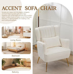 Fabric Accent Living Room Arm Chair with Pillow & Golden Legs, 8.5" Thick Cushion, Mid Century Modern Wingback Chairs Upholstered Comfy Sofa Armchair for Reading Room/Bedroom, White