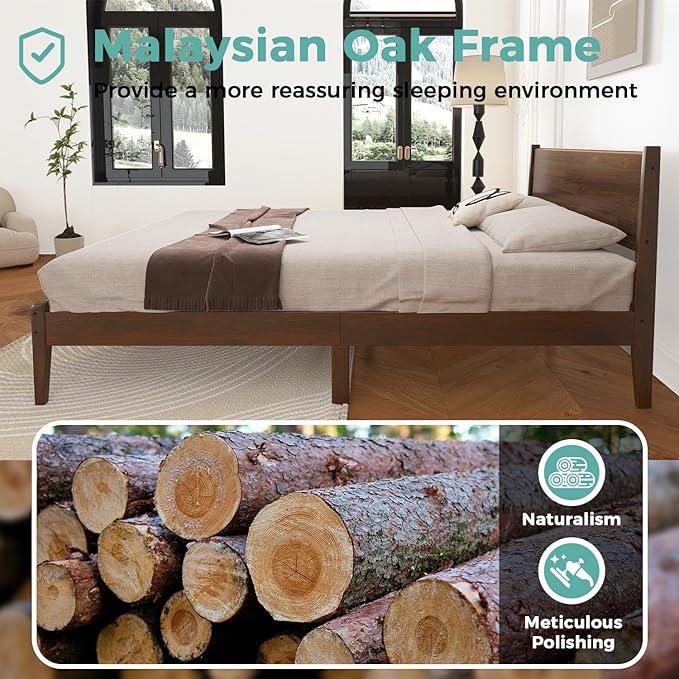 Queen Size Bed Frame with Farmhouse Headboard, Malaysian Oak Queen Bed Frame No Box Spring Needed, Platform Bedframe with 12 Slats Support, Easy Assembly, Antique Espresso