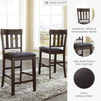 Signature Design by Ashley Haddigan Upholstered Barstool, 2 Count, Slat Back Design, Cushioned Seat, Wood, 25.5" H, Dark Brown