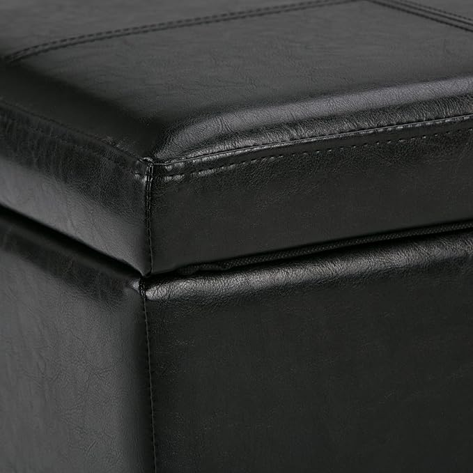 SIMPLIHOME Kingsley 48 inch Wide Transitional Rectangle Large Storage Ottoman in Midnight Black Vegan Faux Leather, Assembled, For the Living Room, Entryway and Family Room