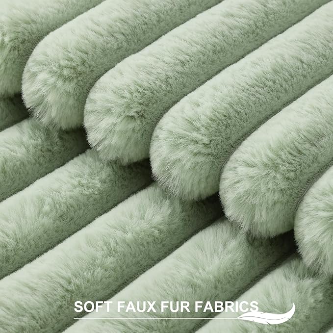 Pallene Faux Fur Plush Lumbar Throw Pillow Covers 12x20 Set of 2, Luxury Soft Fluffy Striped Decorative Pillow Covers for Sofa, Couch, Living Room, Sage Green
