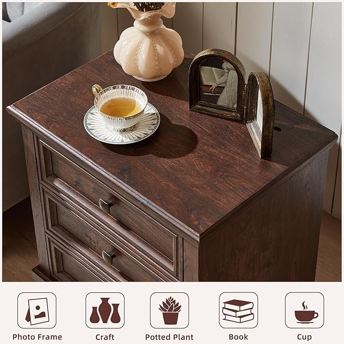 Farmhouse Nightstand Set of 2, Rustic Couch End Table with 3 Drawers & 4 Square Solid Wood Legs, Vintage Bed Side Table with Storage, Small Dresser for Bedroom, Living Room, Walnut