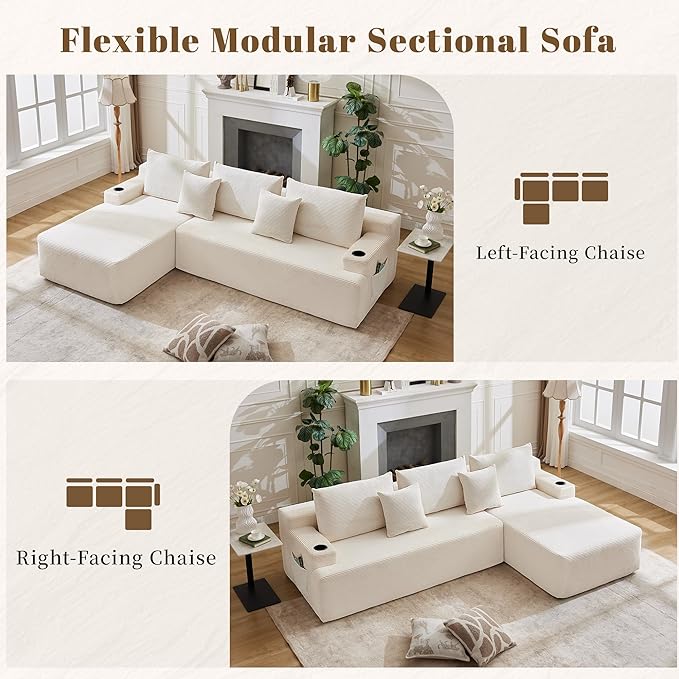 106" Cloud Sectional Couch, Modular Sectional Sofa with L-Shape Chaise, Corduroy Boneless Couch with Deep Seat, Upholstered Sofa for Living Room, No Assembly Required(Right-Facing Chaise, White)