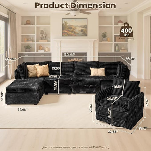 130" Modular Sofa with Swivel Chair & Ottoman, Modern Cloud Sectional Couch Plush Corduroy 5 Seater Deep Seat Sofas Set & Accent Armchair for Living Room, Black