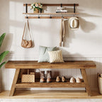 2-Tier Entryway Bench, Hallway Foyer Solid Wood Seating with Open Shelves, Wooden Shoe Bench Indoor for Entryway, Living Room, Bedroom (Rustic Brown)