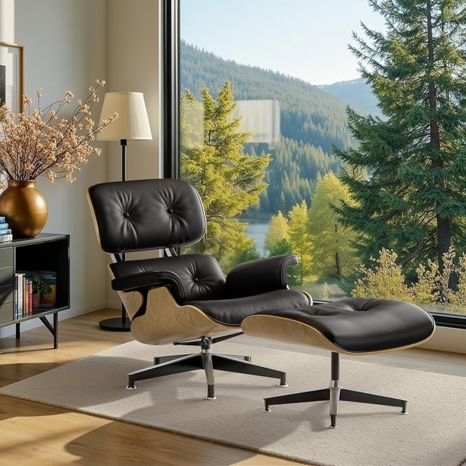 Top Black Grain Leather, Mid Century Chaise Lounge Chair and Ottoman, Modern Chair Classic Design, Ash Wood, Heavy Duty Base Support for Living Room Office