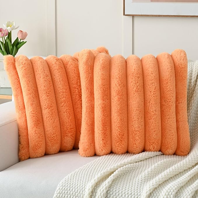 FUTEI Orange Decorative Throw Pillow Covers 26x26 Inch Set of 2, Square Soft Faux Rabbit Fur Thick Striped Euro Pillow Shams,Winter Home Decor for Couch Bed Living Room