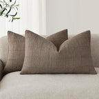 Foindtower Set of 2 Decorative Linen Check Throw Pillow Covers Neutral Farmhouse Lumbar Cushion Covers Modern Boho Home Decor for Sofa Chair Couch Bedroom Living Room,12×20 Inch,Taupe Grey