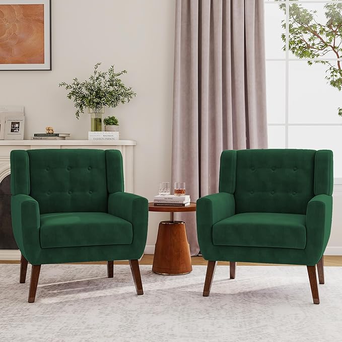 Lumibee Accent Chairs Set of 2, Velevet Fabric Armchairs for Living Room, Comfy Upholstered Arm Chairs Tufted for Indoor Bedroom Office Room (Retro Green Velvet)