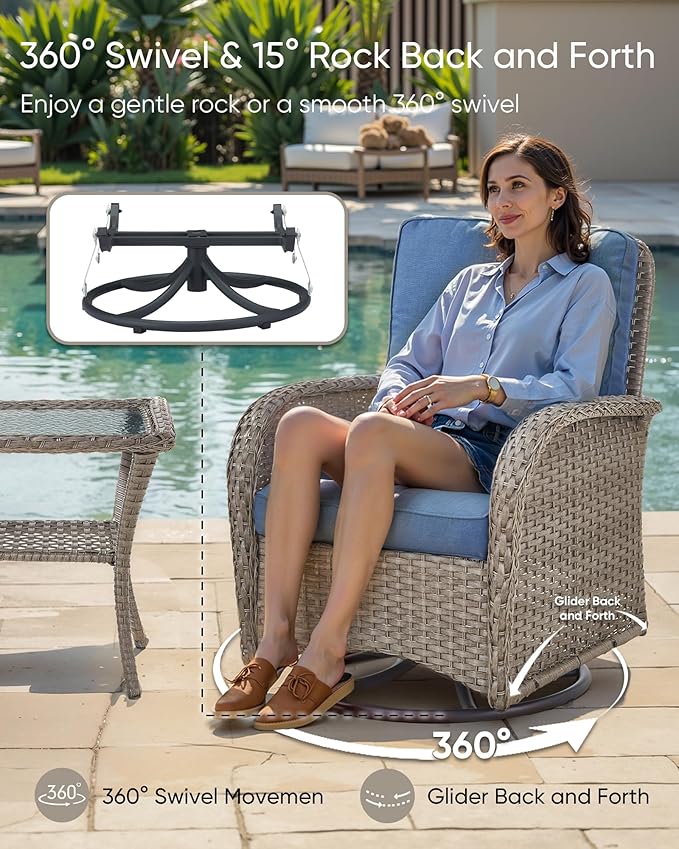 HUMMUH Wicker Patio Furniture Set-All Weather Rattan Patio Sofa Set with Swivel Rocker Chairs Outdoor Conversation Set for Deck Lawn Porch Balcony Poolside-Grey/Blue