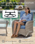 HUMMUH 6 Pieces Patio Furniture Set-Patio Glider Loveseat with Rattan Outdoor Swivel Chairs Outdoor Conversation Furniture Sets for Deck Lawn Porch Balcony Poolside-Grey/Blue