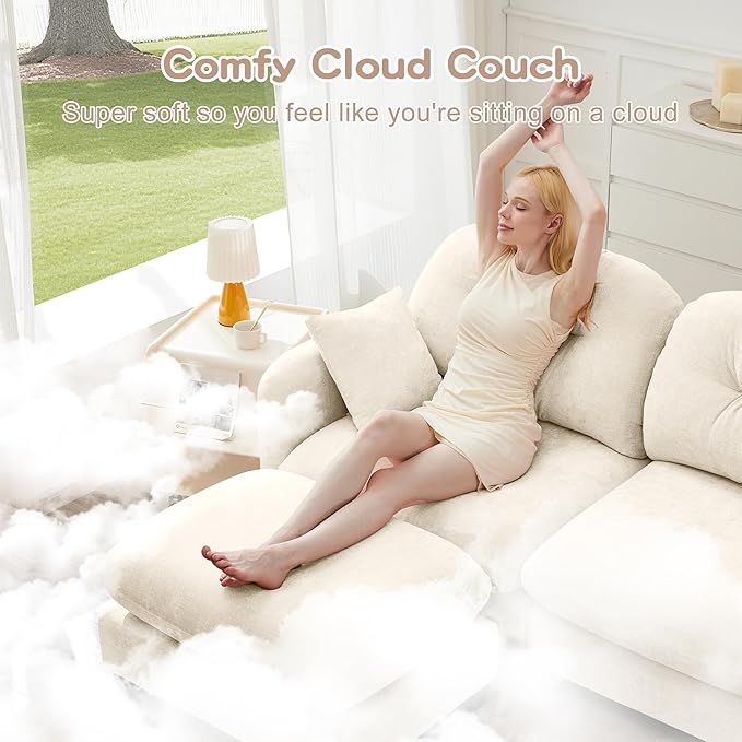 140" L Shaped Sofa for Living Room, Comfy Chenille Fabric Cloud Sectional Couch, Modern Upholstered Deep Seat Sofa with Pillow and Movable Ottoman, Oversized 4 Seater Sectional Sofa, Beige