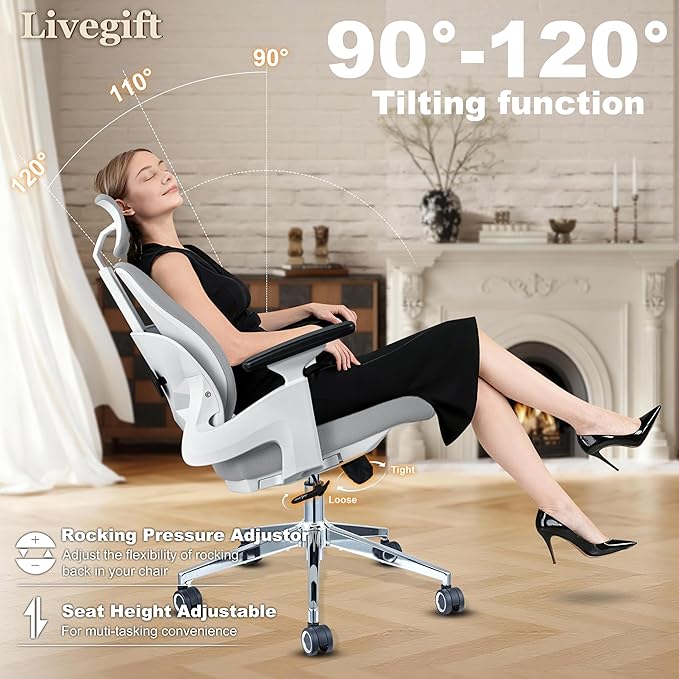 Ergonomic Office Chair Desk Chair Dual-backrest Computer Chair with Flexible Lumbar Support and Adjustable Height, 500lbs Extra Wide Seat with Wheels, for Home & Office Use Grey