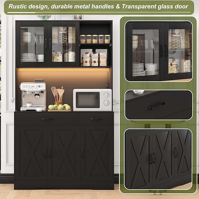 71" Kitchen Pantry Cabinet: Hutch Cabinet with Glass Doors, Pantry Cabinets with Drawers, Adjustable Shelves, LED Light & Power Outlets for Kitchen, Living Room, Dining Room (Black)