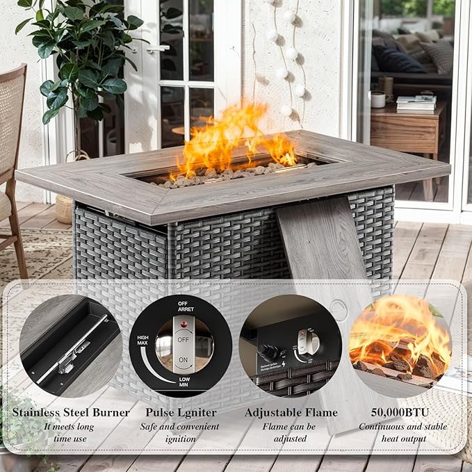 HUMMUH Patio Furniture Set with Fire Pit Table 5-Piece Wicker Outdoor Swivel Rocker Patio Chairs High Back Outdoor Couch Conversation Set for Porch, Backyard, Deck