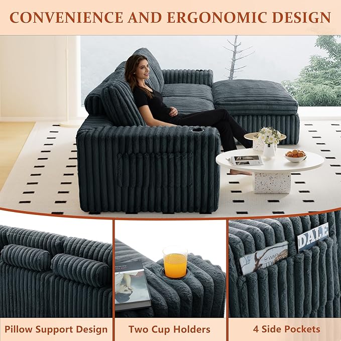 114" Cloud Boneless Sectional Couches for Living Room, Modular Sectional Sofa with Cup Holder, Cozy Fluffy L Shaped Deep Seat Boneless Couch with Storage Pocket, No Assembly Required, Grey