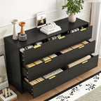 3-Piece Modern Bedroom Furniture Set, Wide 7-Drawer Dresser & 2-Drawer Nightstands Set of 2, Natural Wood Dresser and Nightstand Sets for Bedroom, Hallway, Black