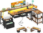 AODK L Shaped Desk with 5 File Drawers, 75" Reversible L Shaped Computer Desk with Power Outlet & LED Strip, Office Desk with Storage Shelves, Gaming Desk with Monitor Shelf, Corner Desk, Vintage