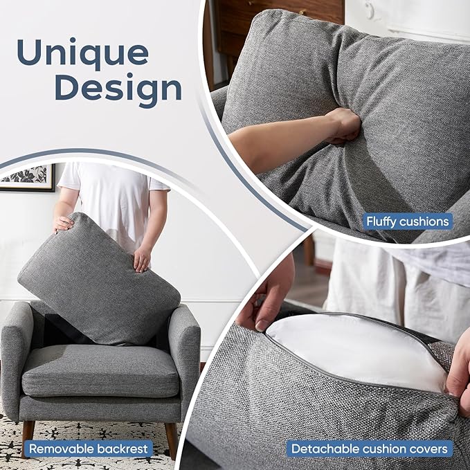 ELUCHANG Accent Chair Set of 1, Oversized Mid Century Modern Arm Chair, Soft Linen Fabric Sofa Chairs Upholstered Comfy Chair for Living Room Bedroom Apartment (Grey)