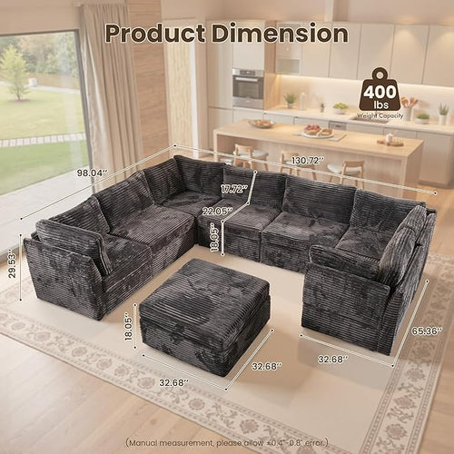 130'' Modern Modular Sectional Sofa with Ottoman, 8 Seater U Shaped Cloud Couch for Living Room, Oversized Deep Seat Convertible Sofa Set, Plush Corduroy Gray