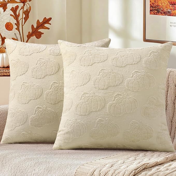 decorUhome Decorative Two Beige Pumpkins Thanksgiving Throw Pillow Covers 18x18 Set of 2, Soft Chenille Jacquard Farmhouse Textured Pillow Covers for Couch Bed Sofa Autumn Harvest Halloween Holiday