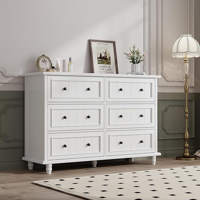 Scurrty Antique 6 Drawer Dresser, Modern Chest of Drawers, Large Cabinet with Storage, Big Dresser for Clothes in Living Room, Bedroom (White)