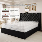 Queen Size Upholstered Platform Bed Frame with 4 Storage Drawers and Charging Station, Linen Button Tufted Wingback Headboard, Sturdy Wooden Support Slats, No Box Spring Needed, Black