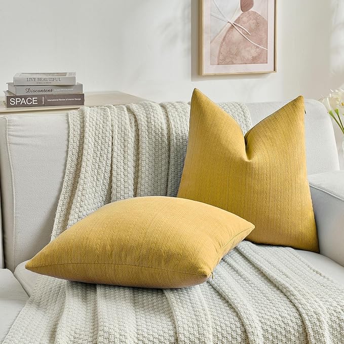 FUTEI Mustard Yellow Decorative Throw Pillow Covers 24x24 Inch Set of 2,Soft Cozy Wheat Ear Striped Patterns European Cushion Cases,Modern Home Decor for Couch Bed Living Room