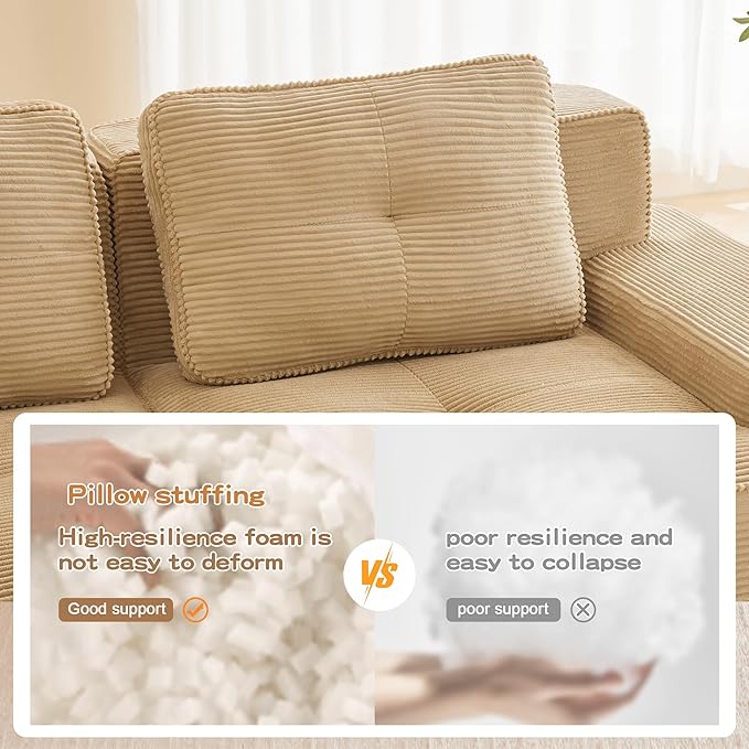 80.3” Camel Boneless Couches for Living Room, Modular Sectional Sofa, 2 Seater Comfy Upholstered Loveseat Deep Seat Corduroy Fabric Cloud Couch No Assembly, Anti-Slip Design