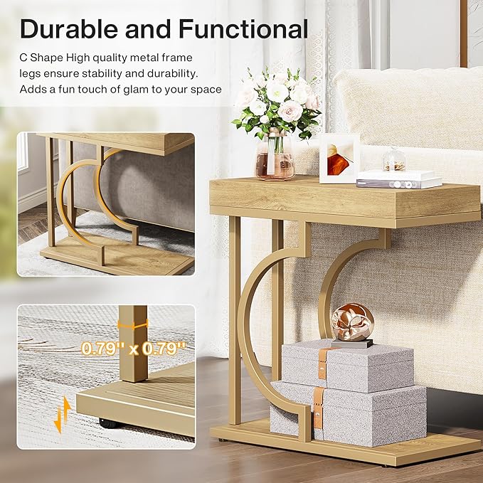 Tribesigns Narrow Side Table C Shaped End Table Modern Bedside Tables for Couch, Small Sofa Chairside Tables with Metal Frame for Living Room (1, Natural+Wood Tones)