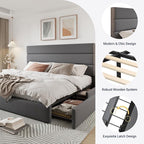 Allewie Modern King Size Platform Bed Frame with 4 Storage Drawers and Velvet Upholstered Headboard, Wooden Slats Support, Upholstered Mattress Foundation/No Box Spring Needed/Easy Assembly, Grey