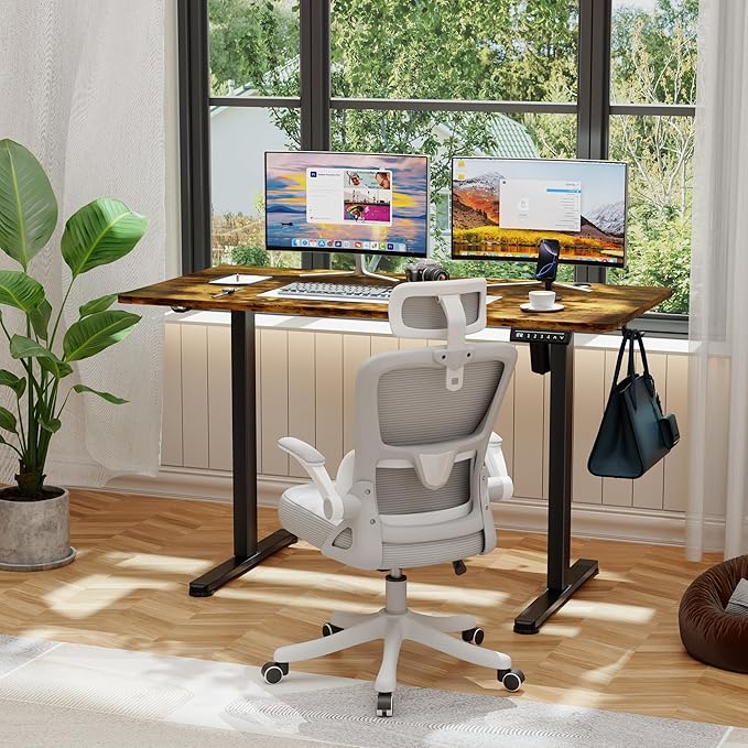 Shahoo 45.2 Inch Standing Desk, Electric Height Adjustable Computer Desks with Hook and Cable Hole, Rustic Brown